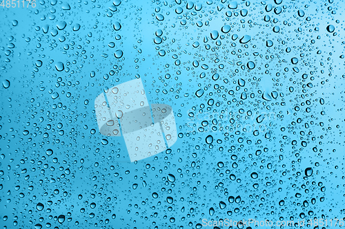 Image of Water drops on glass, green background