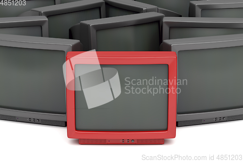 Image of One unique red tv in front of others