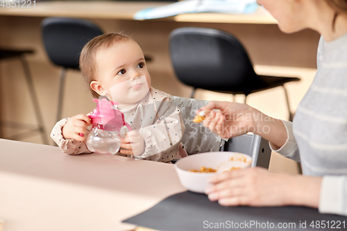 Image of happy mother feeding baby with puree at home