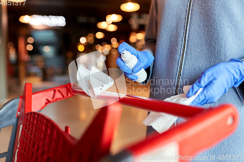 Image of woman cleaning shopping cart handle with sanitizer