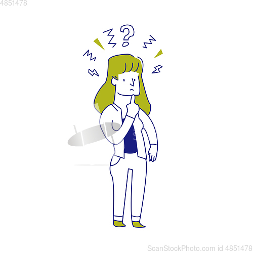 Image of Thinking woman with question mark over her head.