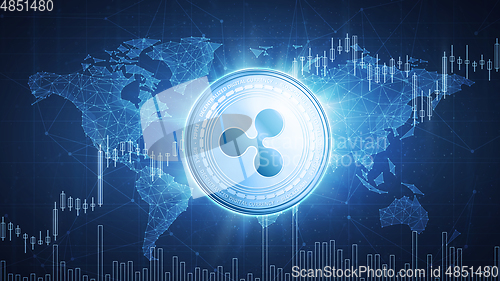 Image of Ripple coin on hud background with bull stock chart.