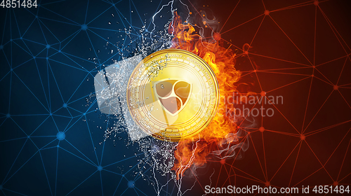 Image of Gold NEM coin hard fork in fire flame, lightning and water splashes.