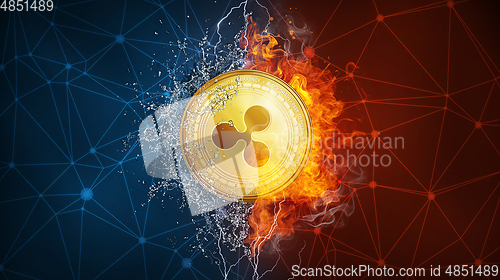 Image of Gold Ripple coin hard fork in fire flame, lightning and water splashes.