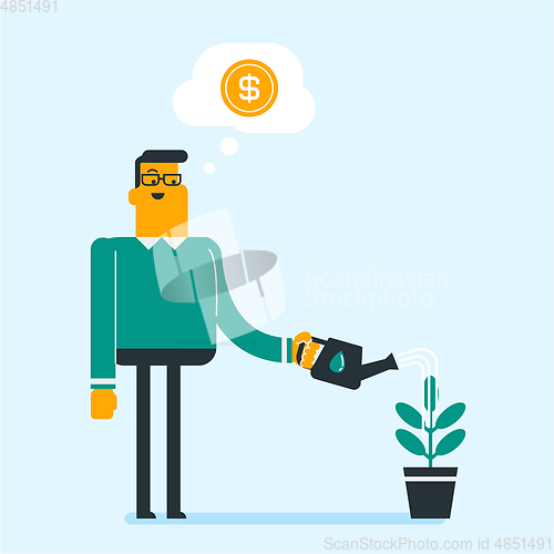 Image of Caucasian businessman watering financial tree.