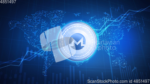 Image of Monero coin on hud background with bull stock chart.