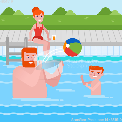 Image of Happy caucasian family having fun in swimming pool