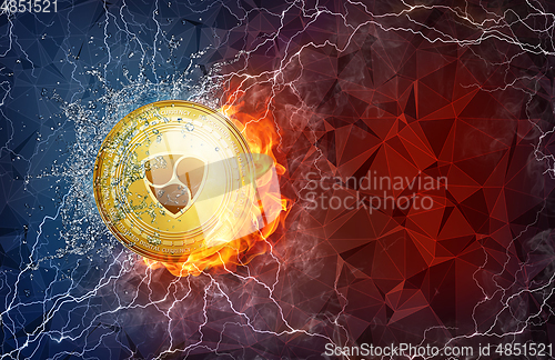 Image of Gold NEM coin hard fork in fire flame, lightning and water splashes.