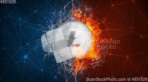 Image of Gold Litecoin coin hard fork in fire flame, lightning and water splashes.