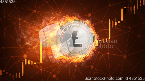 Image of Litecoin coin in fire with bull stock chart.