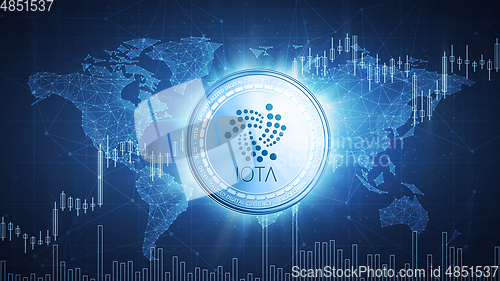 Image of IOTA cash coin on hud background with bull stock chart.