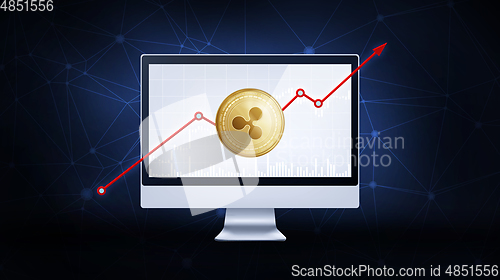 Image of Gold ripple coin with bull stock chart.