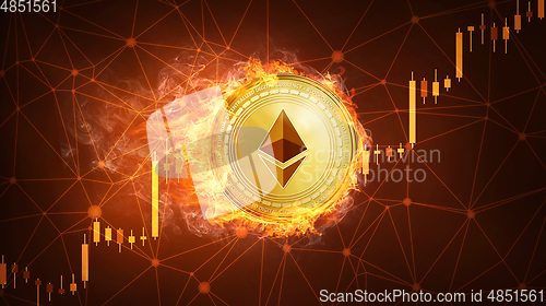 Image of Ethereum coin in fire with bull stock chart.