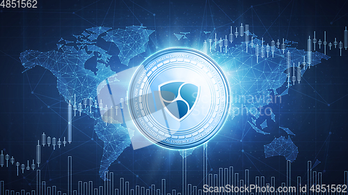 Image of NEM coin on hud background with bull stock chart.