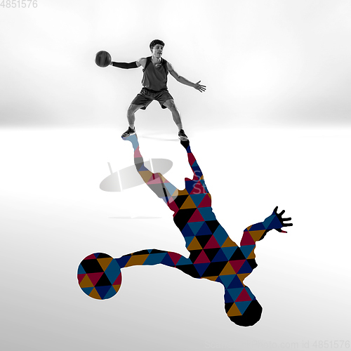 Image of Young caucasian sportsman isolated on studio background with shadow, modern artwork. Abstract trendy design.
