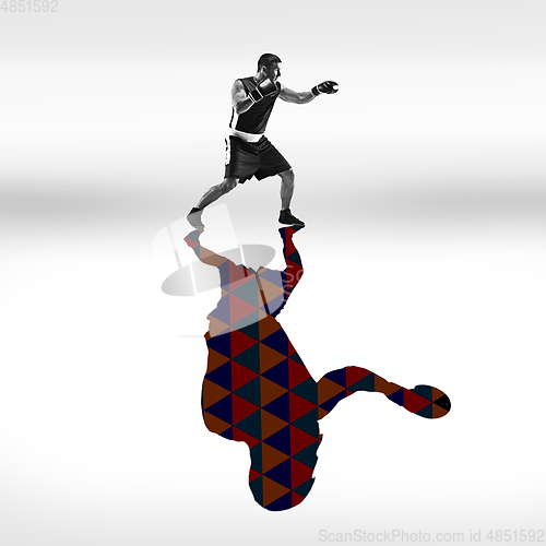 Image of Young caucasian sportsman isolated on studio background with shadow, modern artwork. Abstract trendy design.