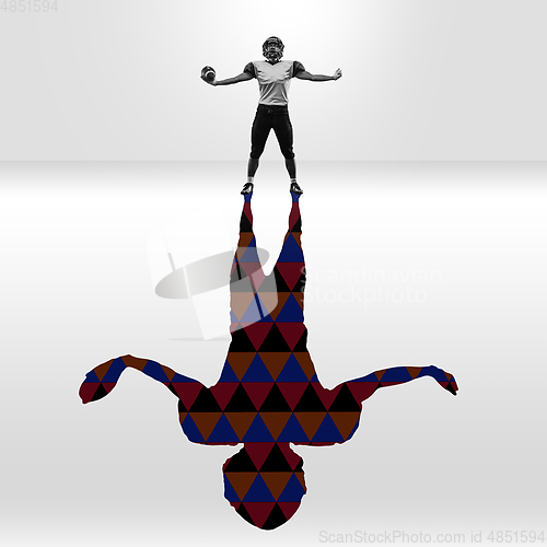 Image of Young caucasian sportsman isolated on studio background with shadow, modern artwork. Abstract trendy design.