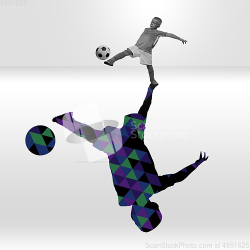 Image of Young caucasian sportsman isolated on studio background with shadow, modern artwork. Abstract trendy design.