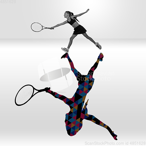 Image of Young caucasian sportswoman isolated on studio background with shadow, modern artwork. Abstract trendy design.