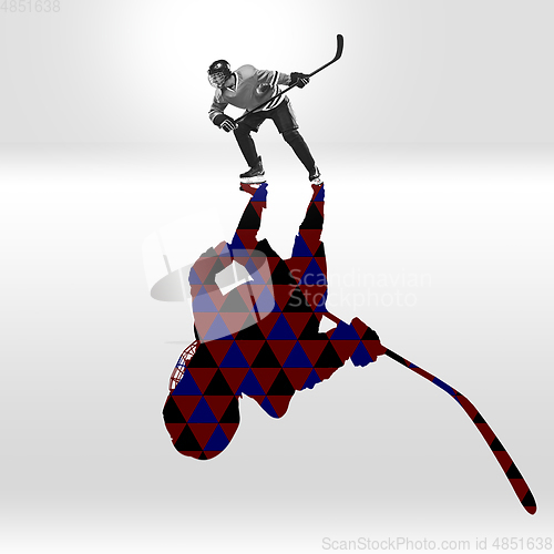 Image of Young caucasian sportsman isolated on studio background with shadow, modern artwork. Abstract trendy design.