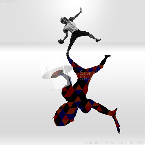 Image of Young caucasian sportsman isolated on studio background with shadow, modern artwork. Abstract trendy design.