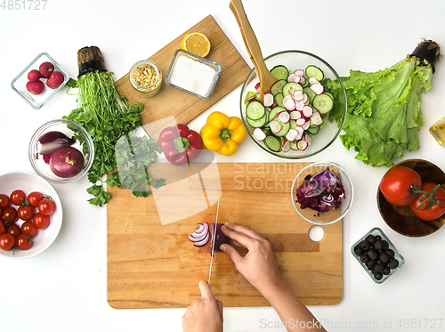 Image of young woman chopping red onion at kitchen