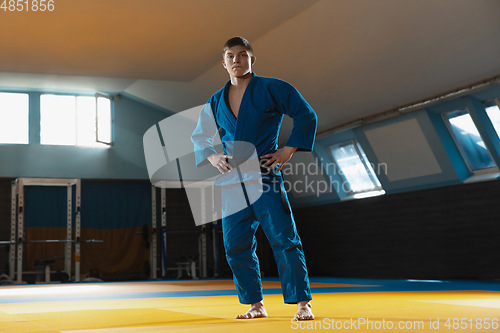 Image of Young judo fighter in kimono posing comfident in the gym, strong and healthy