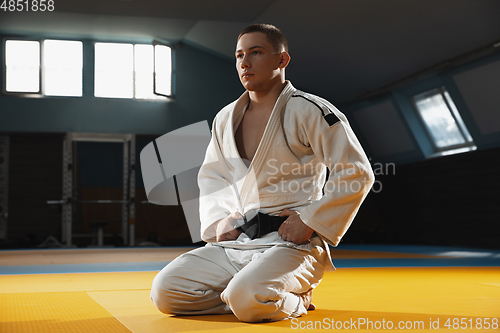 Image of Young judo fighter in kimono posing comfident in the gym, strong and healthy