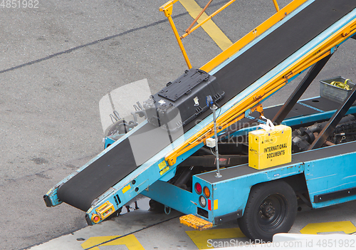 Image of AMSTERDAM, NETHERLANDS - JUNE 29, 2017: Loading luggage in airpl