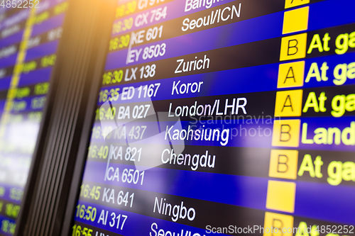 Image of Departures display board at airport terminal