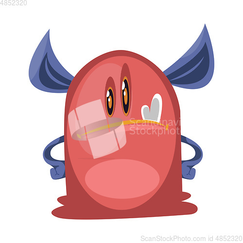 Image of Confident red monster with big blue ears cartoon charater white 