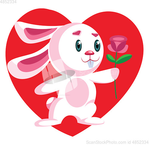 Image of Pink bunny holding a dark pink rose vector illustration in red h