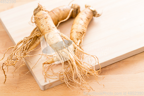 Image of Fresh ginseng over wooden texture