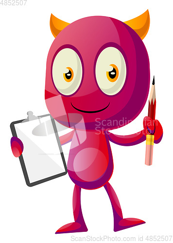 Image of Devil holding pencil and notebook, illustration, vector on white