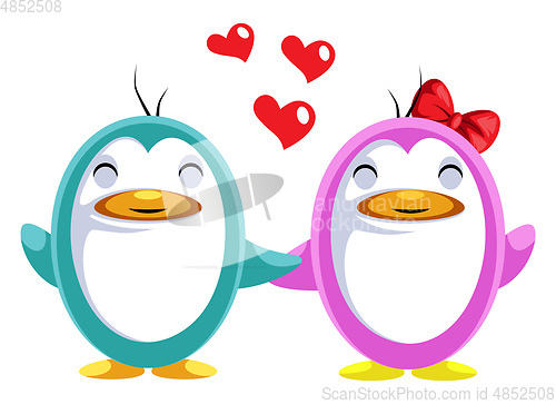 Image of Blue and pink penguin in love illustration vector on white backg