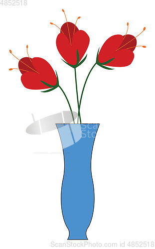 Image of Three red flowers in a blue vase vector illustration on white ba