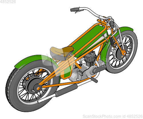 Image of 3D vector illustration of a green and yellow  vintage chopper mo