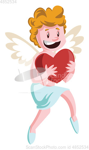 Image of Cupid holding a big red heart vector illustration on white backg