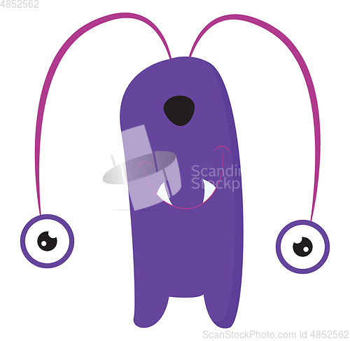 Image of Cartoon funny purple monster with two round eyes hanging down ve