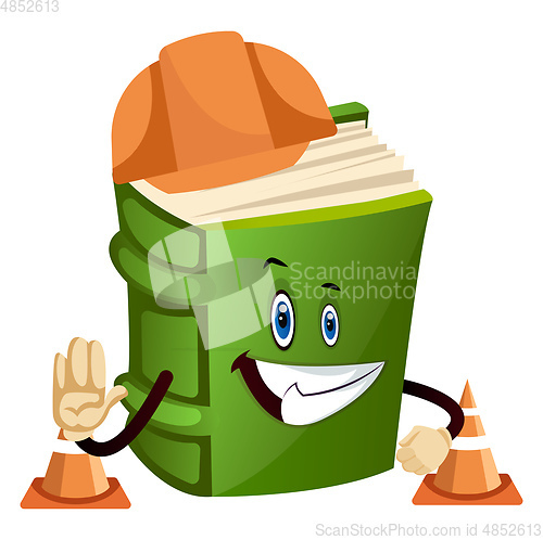 Image of Green book is at a construction site, illustration, vector on wh