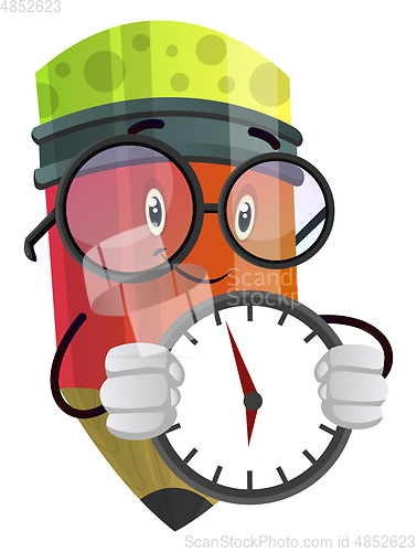 Image of Red pencil with a clock in his hands illustration vector on whit
