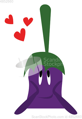 Image of A purple egg plant emoji against red background is in deep love 