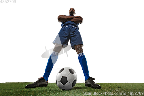 Image of Football or soccer player on white background - motion, action, activity concept, wide angle