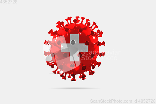 Image of Model of COVID-19 coronavirus colored in national Switzerland flag, concept of pandemic spreading