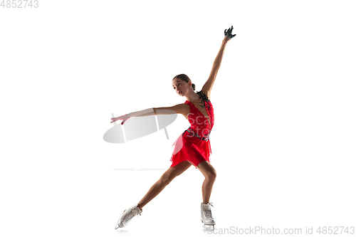 Image of Girl figure skating isolated on white studio backgound with copyspace