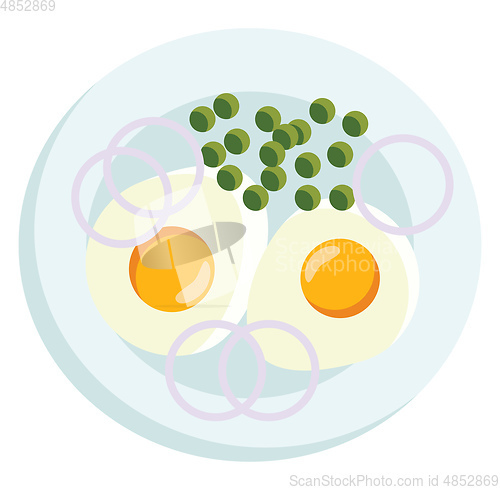 Image of A breakfast platter with two sunny side ups and green peas serve