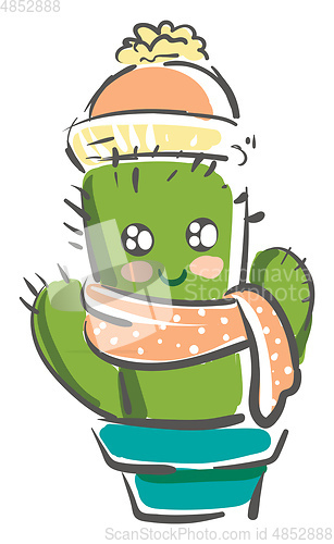 Image of A cute and happy cactus plant emoji covered in winter clothes ve