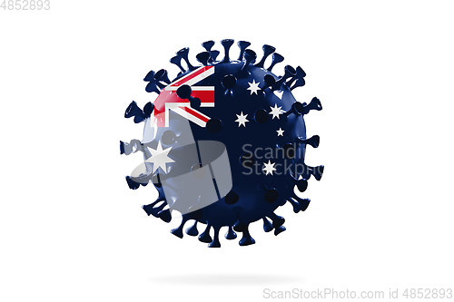 Image of Model of COVID-19 coronavirus colored in national Australia flag, concept of pandemic spreading