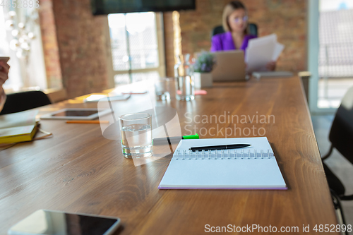 Image of Young caucasian business woman working in office, diversity and girl power concept