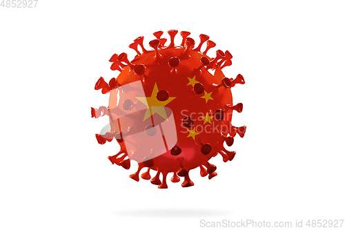 Image of Model of COVID-19 coronavirus colored in national China flag, concept of pandemic spreading